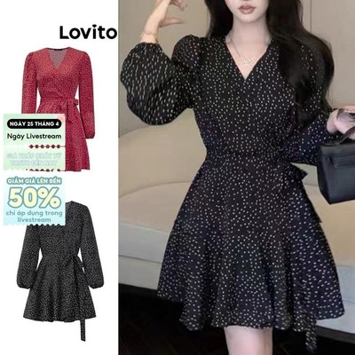 Lovito Váy Phong cách thường ngày chấm bi quấn tay phồng cho nữ LNE27238 (Nhiều màu)
