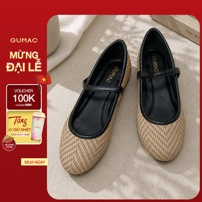 Giày Búp Bê Nữ GUMAC Mũi Tròn Đế Thấp 2cm Da Vân Đan Quai Ngang Đính Hoa Nữ Tính Thanh Lịch GG08098