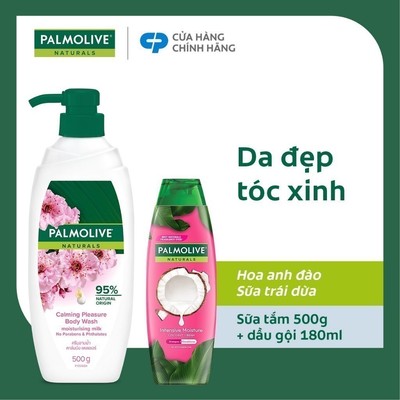 Sữa tắm Palmolive 95% chiết xuất từ hoa anh đào 500g và Dầu gội Palmolive có dầu xả sữa dừa 180ml
