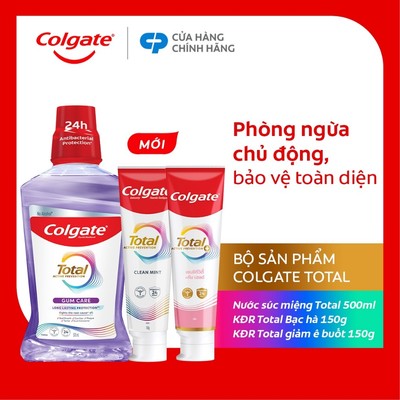 Combo Nước súc miệng Colgate Total chăm sóc nướu và 2 tuýp kem đánh răng Colgate Total bạc bà và giảm ê buốt 150g/tuýp