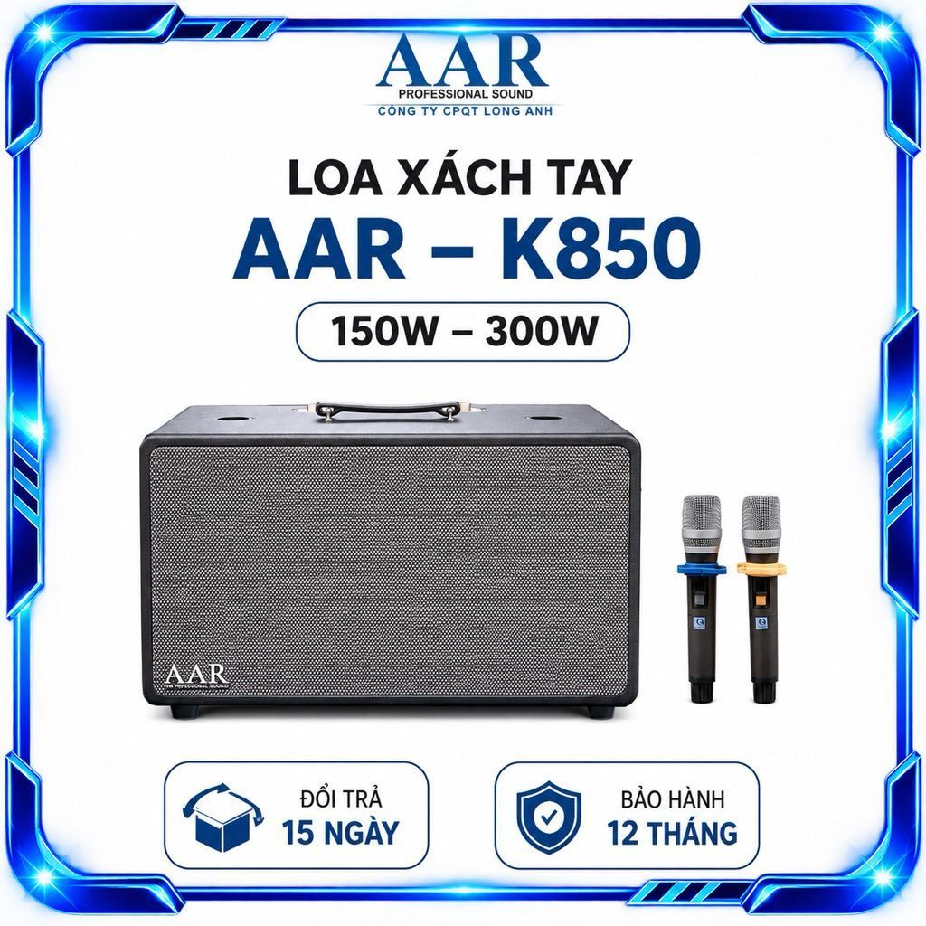 Loa Karaoke Xách Tay AAR K850 300W Kèm 2 Micro Không Dây UHF - Bluetooth 5.0, Pin Sạc, Hỗ Trợ USB/AU