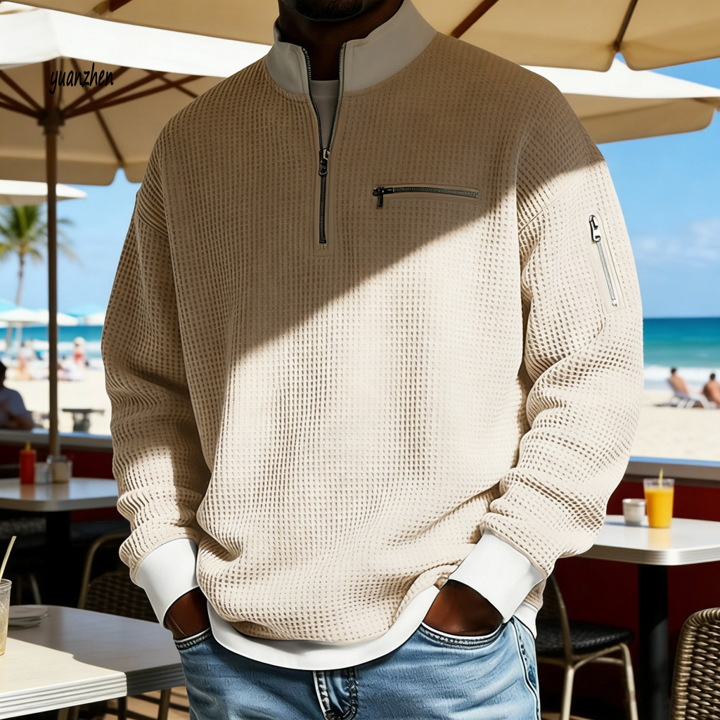 < yuanzhen > Áo thun khối màu Nam Quarter Zip Áo nỉ nam Waffle Quarter Zip Áo thun đứng cổ áo thun t