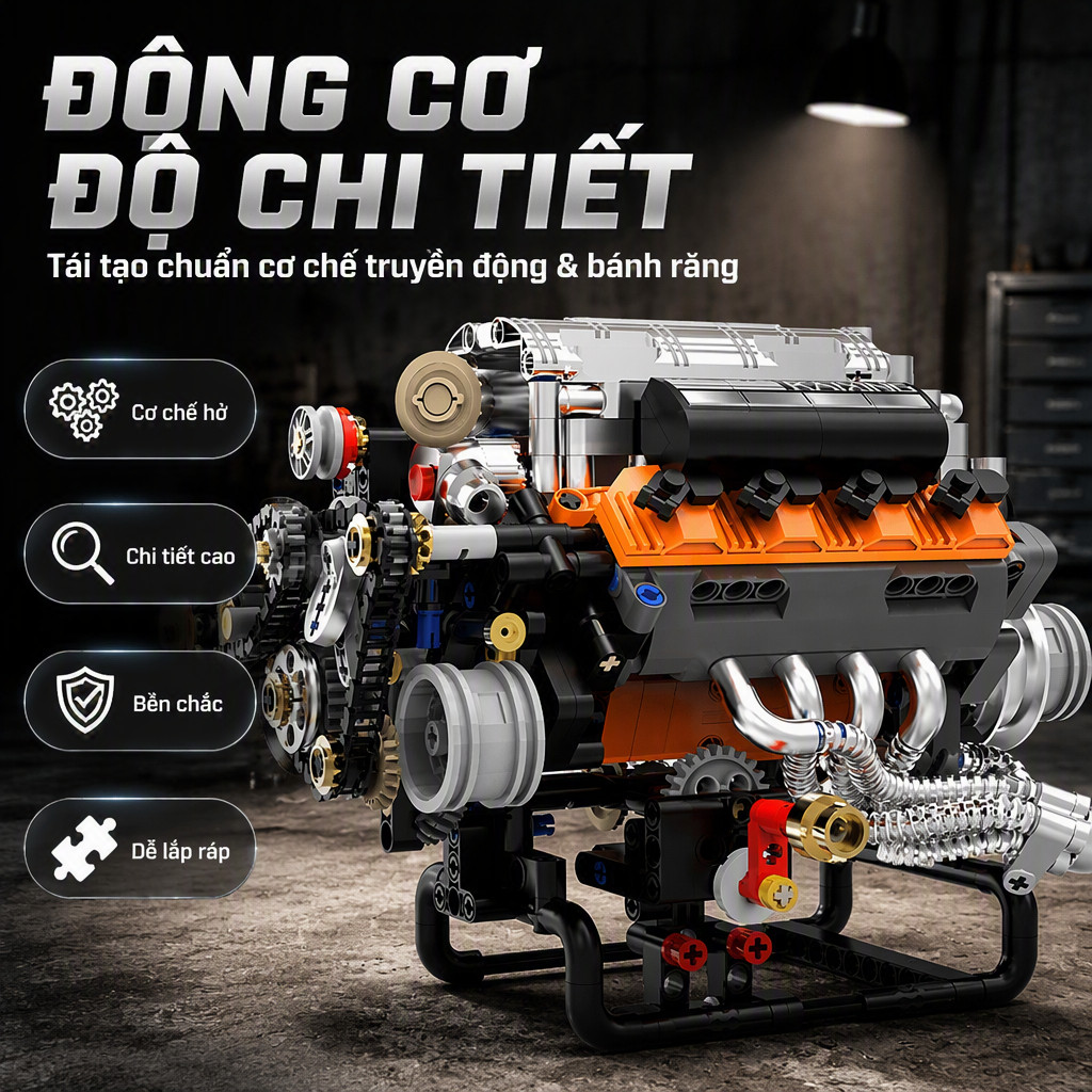 Mô hình động cơ V8 Dodge Challenger mô phỏng Lego 767 mảnh lắp ráp cơ khí trong suốt trục cam dây xí