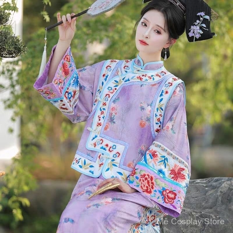 Trang phục cung đình nhà Thanh in hoa, áo giáp Mãn Thanh, váy cổ trang, trang phục chụp ảnh, cosplay