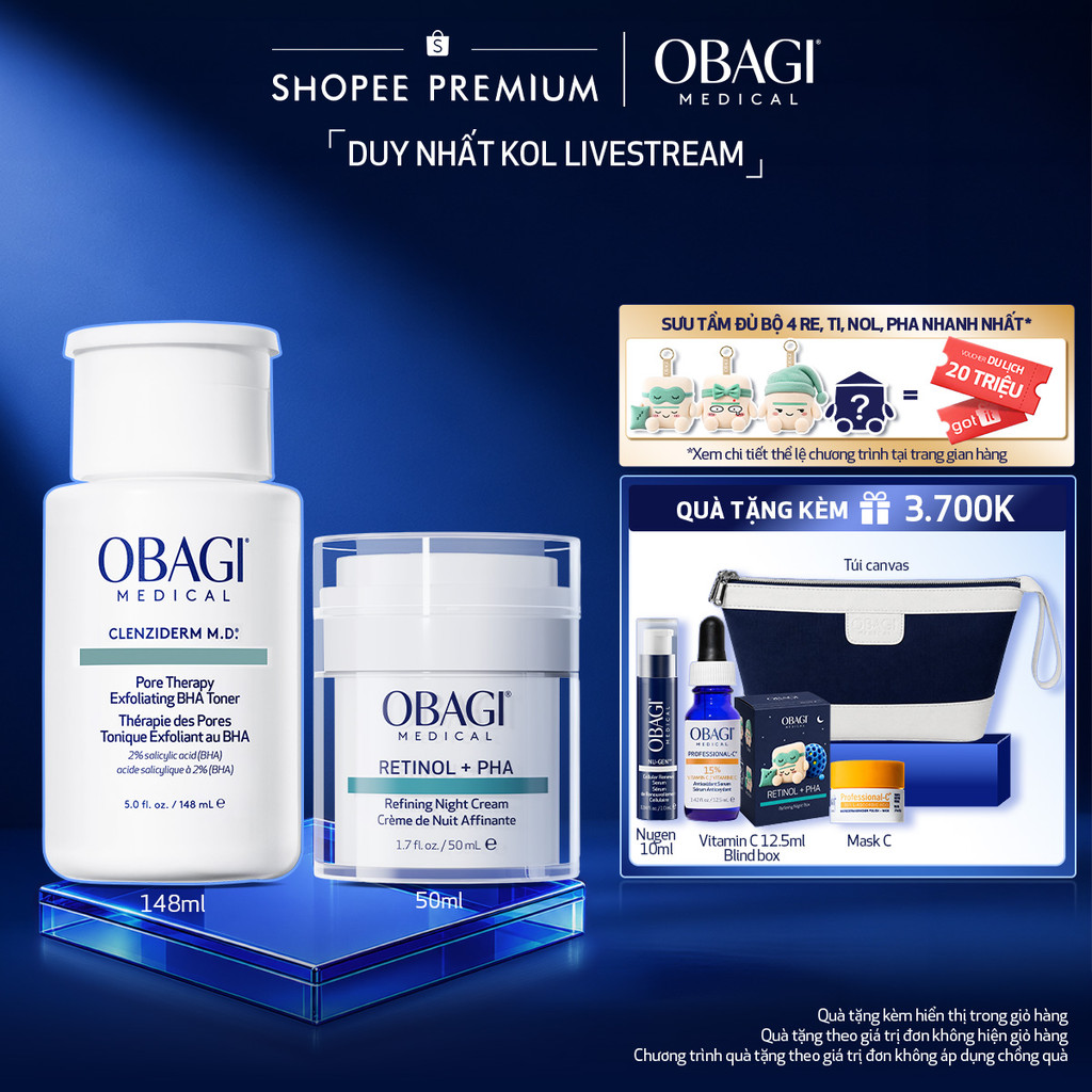 [Obagi x BK] Bộ đôi Kem Dưỡng Đêm Obagi Retinol + PHA 50ml và Toner chứa 2% BHA Obagi Clenziderm M.D