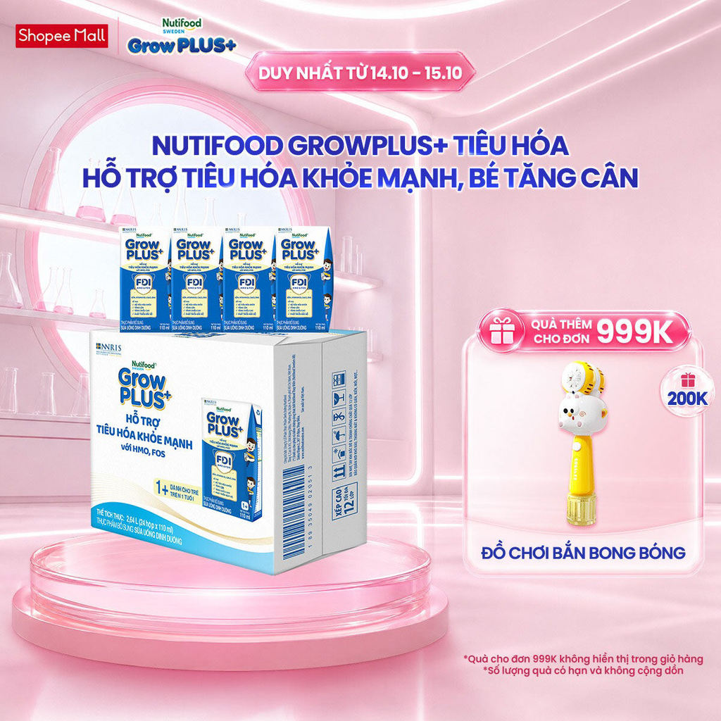 Thùng 24 hộp x 110ml Sữa bột pha sẵn Nutifood Sweden GrowPLUS+ Tiêu Hóa (Xanh…