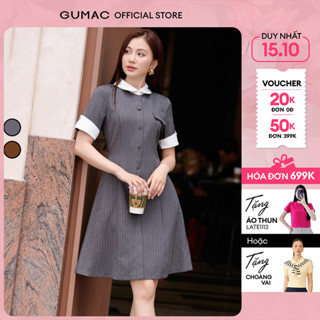 [NEW] Đầm nữ form A cổ sơ mi phối nẹp đính nút vải linen bố sọc thời trang GUMAC DF09021