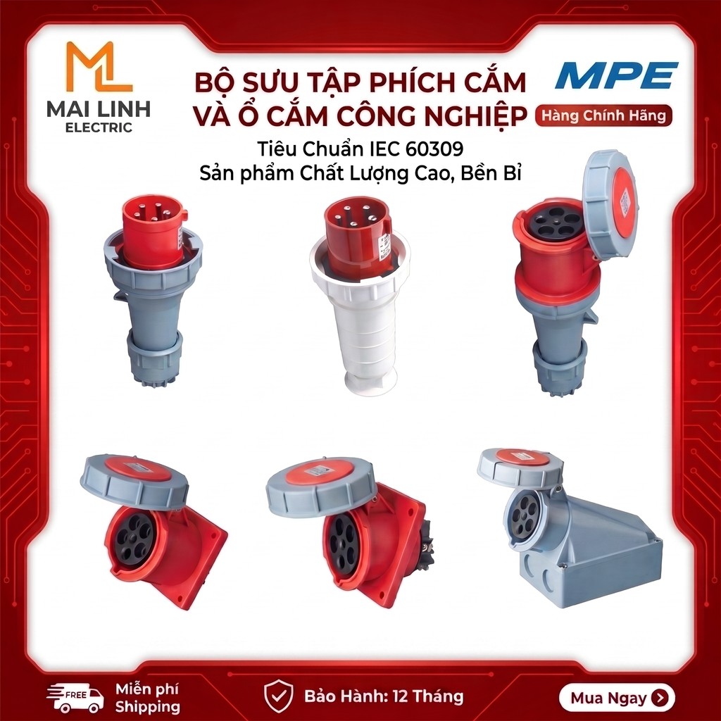 (MPE Chính Hãng) Phích Cắm Và Ổ Cắm Công Nghiệp 1P 3P -5 Chấu 63A 125A 3P+N+E IP67 Tiêu Chuẩn Chấu Â