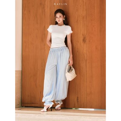 Set KAYLIN áo thun viền bèo phối quần dài bo gấu chất vải Cotton - Tơ Vân Nhăn phong cách BST SUMMER BREEZE - SET192