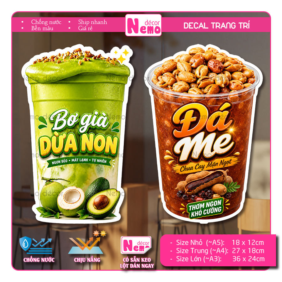 Decal Trà Tắc, Cam Vắt, Rau Má, Đá Me, Nước Dừa, Dừa Tắc, Matcha Latte, Trang Trí Quán Nước - Sticke