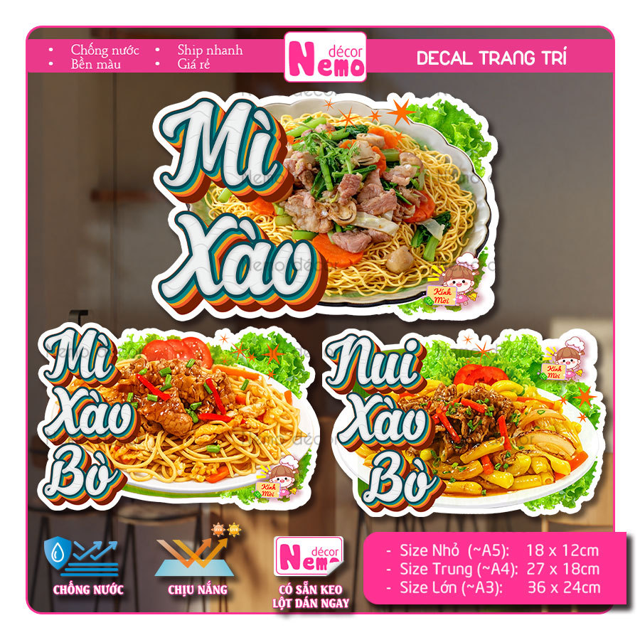 Decal Nui Xào Bò, Mì Xào Bò, Mì Xào, Tranh Dán Trang Trí Quán Ăn - Sticker Chịu Được Mưa Nắng