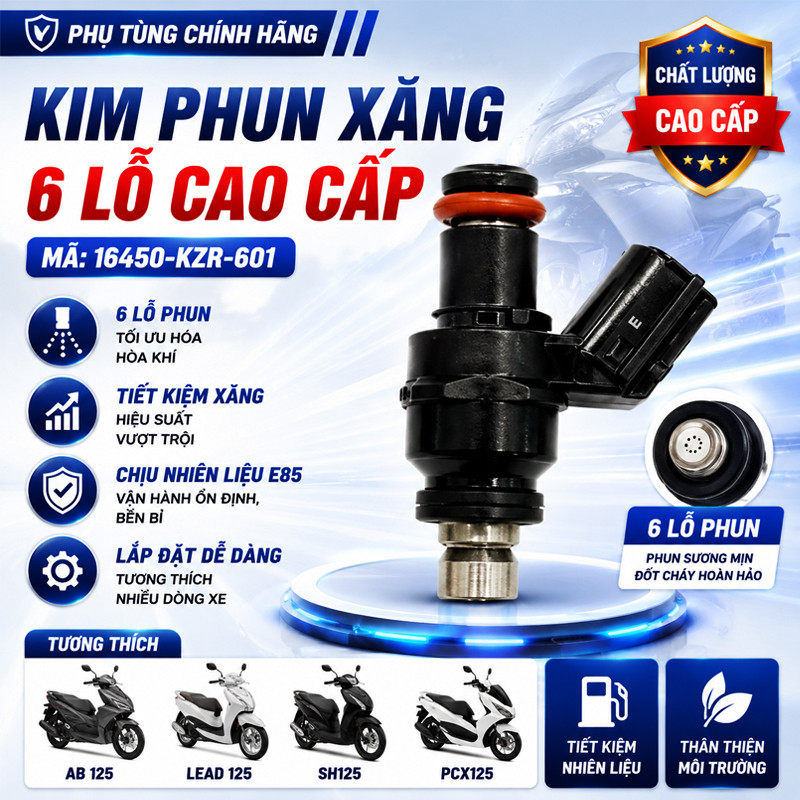 Kim Phun Xăng 6 Lỗ Chính Hãng Cho AB 125, Lead 125, SH125, PCX125, Tương Thích E85, Mã 16450-KZR-601