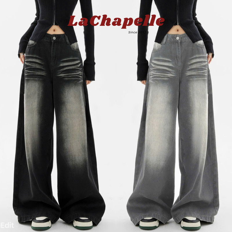Quần jeans nữ cạp trễ eo ống đứng dáng , quần bò ống đứng dáng suông rộng màu SMOKE LOOSE PLEAT WIDE
