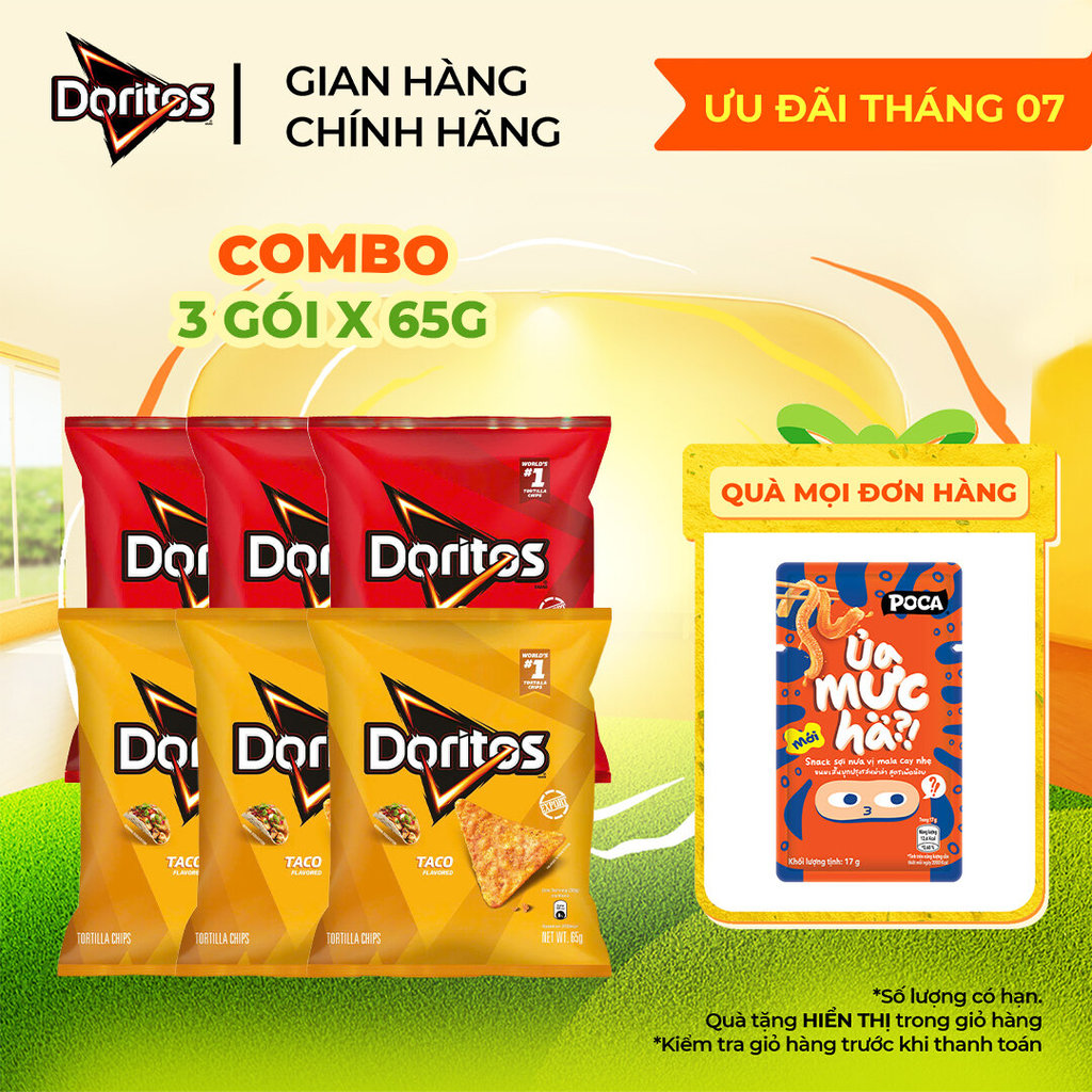 Combo 3 Gói Snack Ngô Giòn DORITOS 65G Vị Nacho Cheese/Taco - Snack tortilla tẩm vị đậm đà kiểu Mỹ