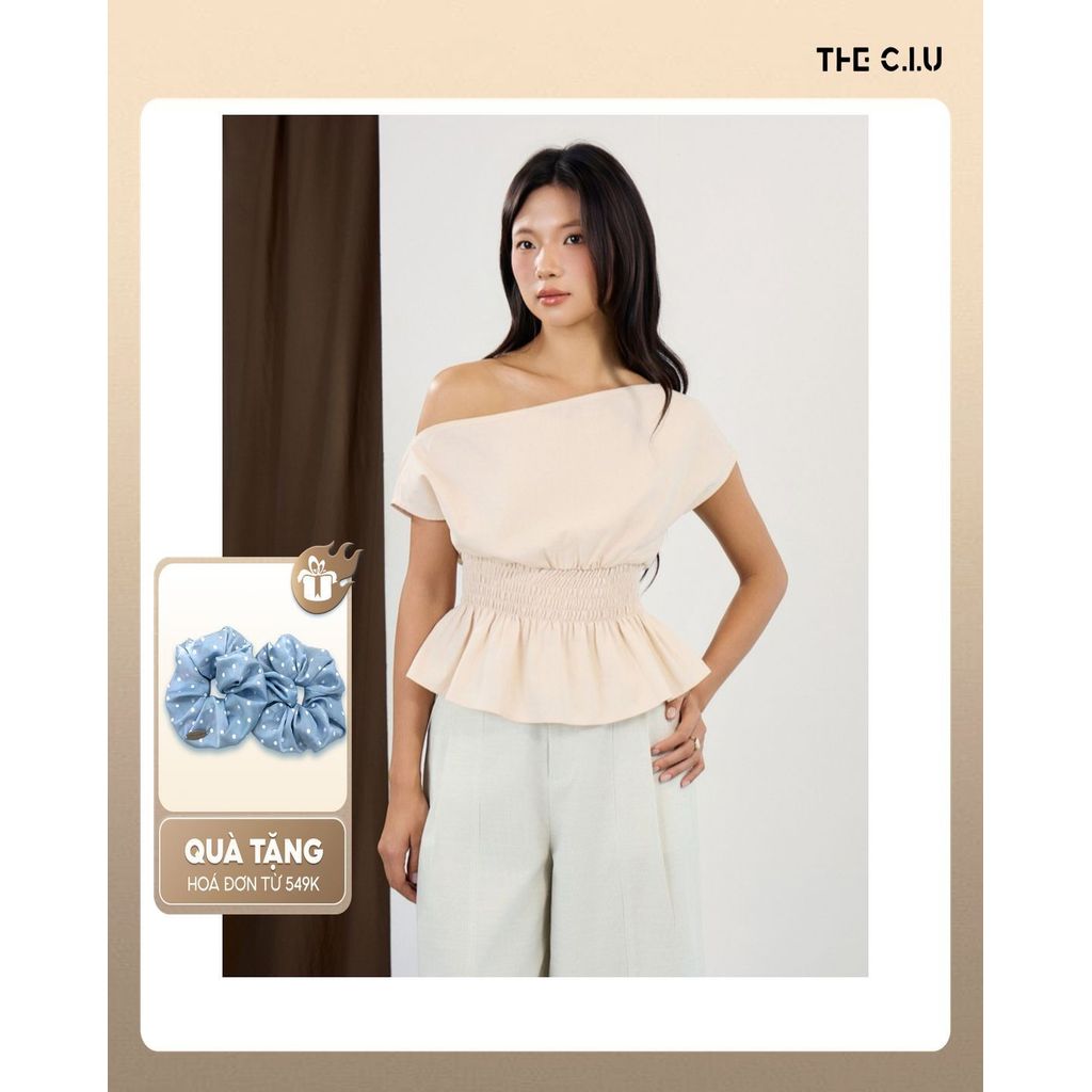 Áo linen trễ vai bo chun THE C.I.U, áo kiểu ngắn cánh dơi chiết eo peplum - Olivia Top - MN13 | BigBuy360 - bigbuy360.vn