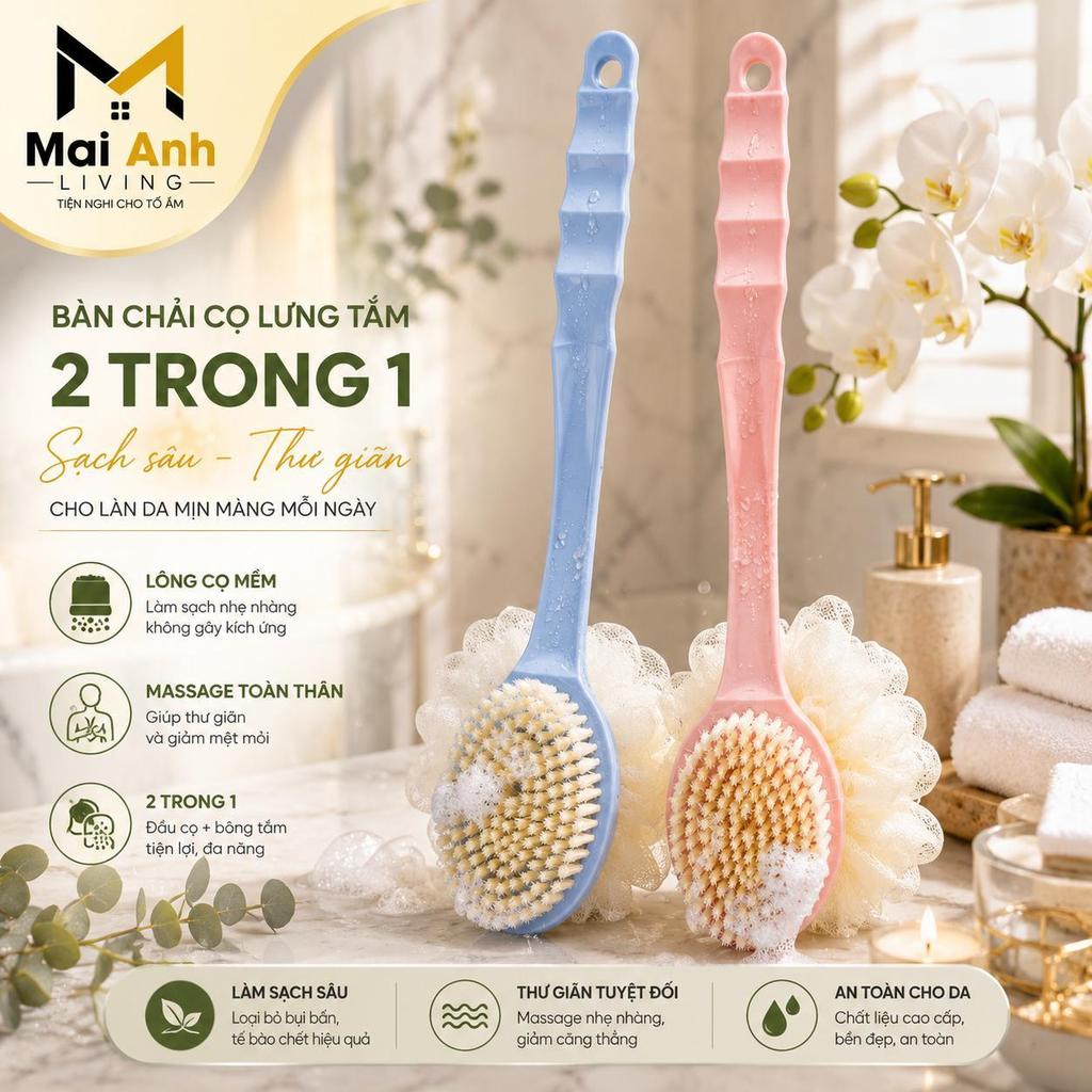 Cây Cọ Tắm 2 Đầu Kỳ Lưng Bông Lưới Lông Mềm Làm Sạch Da Massage Cơ Thể Tiện Lợi - GD18