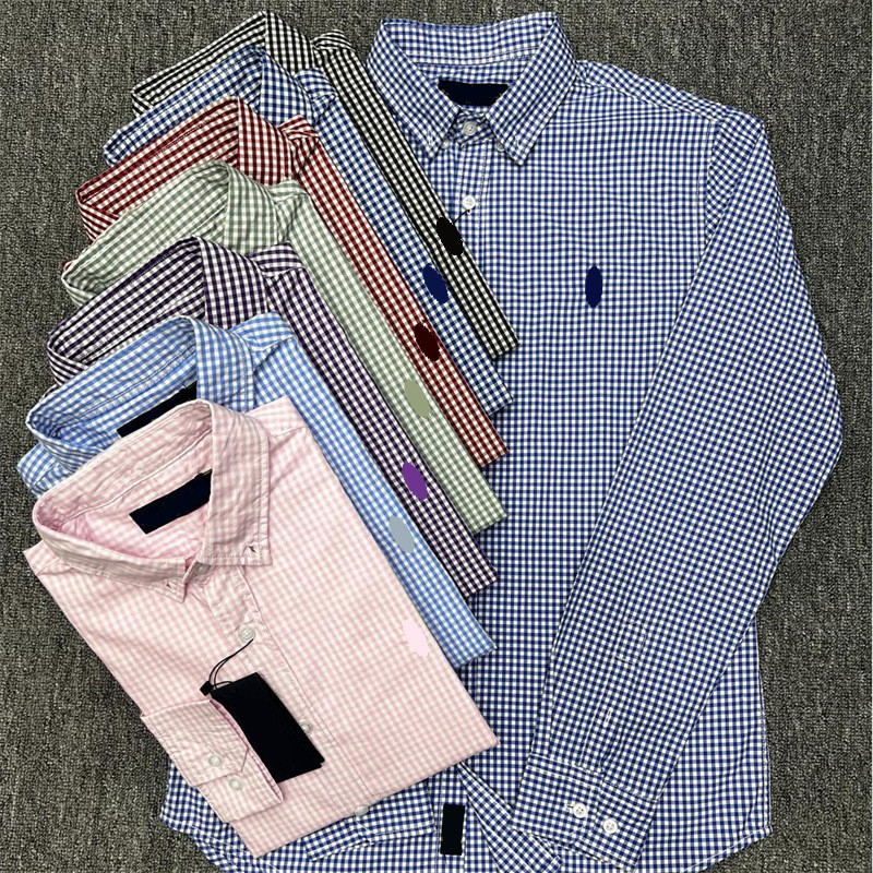 VR68 RL// Men's business casual fine checkered pure cotton long-sleeve shirt polo Pony Embroidery
