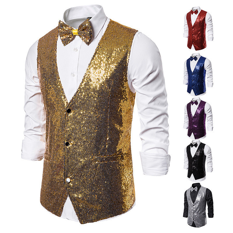 Nam Sân Khấu Trang Phục Nhỏ Đính Kim Sa Lấp Lánh Vest Ảnh Studio Ảnh Chủ Nhà Ca Sĩ Lễ Vest