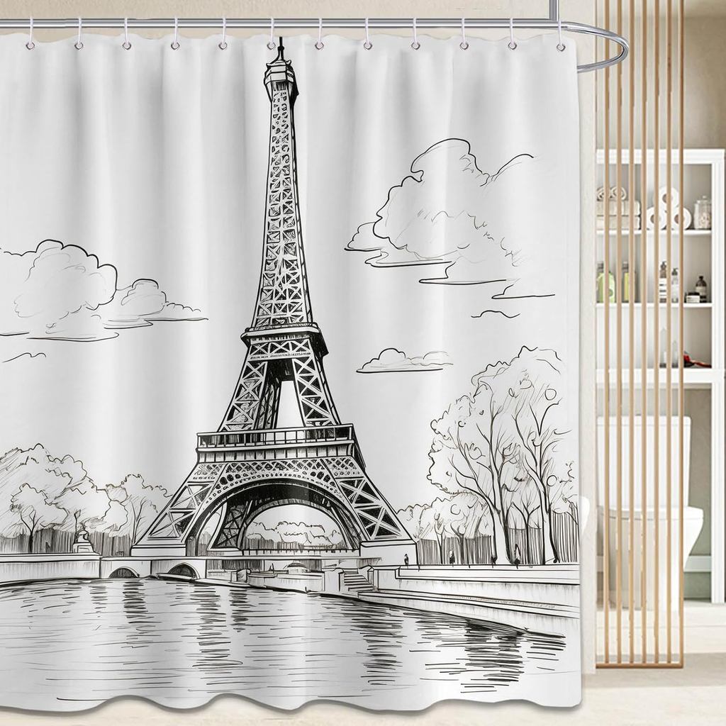 Rèm tắm hình tháp Eiffel, màu trắng, phong cách thành phố Pháp Paris, kích thước 72x72 inch |   Vải 