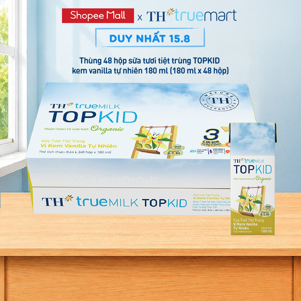 Thùng 48 hộp sữa tươi tiệt trùng TH true MILK TOPKID Organic vị kem vanilla tự nhiên 180ml (180ml x4