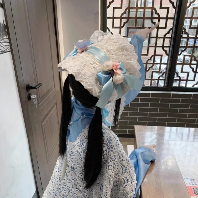 Ngày mai Edge Flat Hat lolita Mũ Rơm Bonnet BNT với lolita Nơ Ren Gothic Mũ Rơm