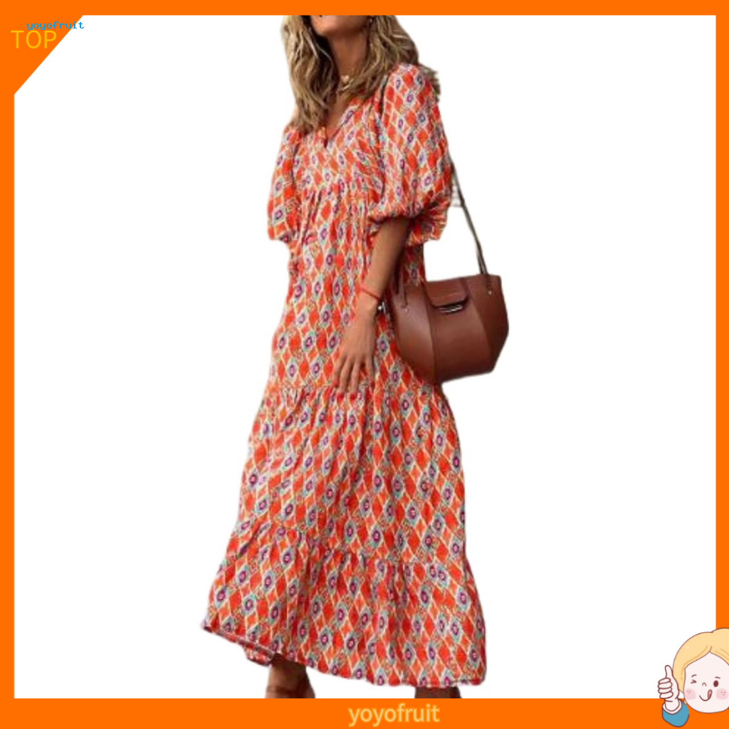 YOF Cao Cấp Đầm Đi Biển Bohemian Hoa In Đầm Bohemian Hoa Cổ Chữ V Đầm Maxi Cho Nữ Tay Phồng Cao Cấp 