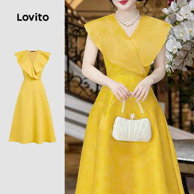 Lovito  Váy thanh lịch xếp ly đường nét công sở mùa Xuân/Hè màu vàng cho nữ. L178ED2157