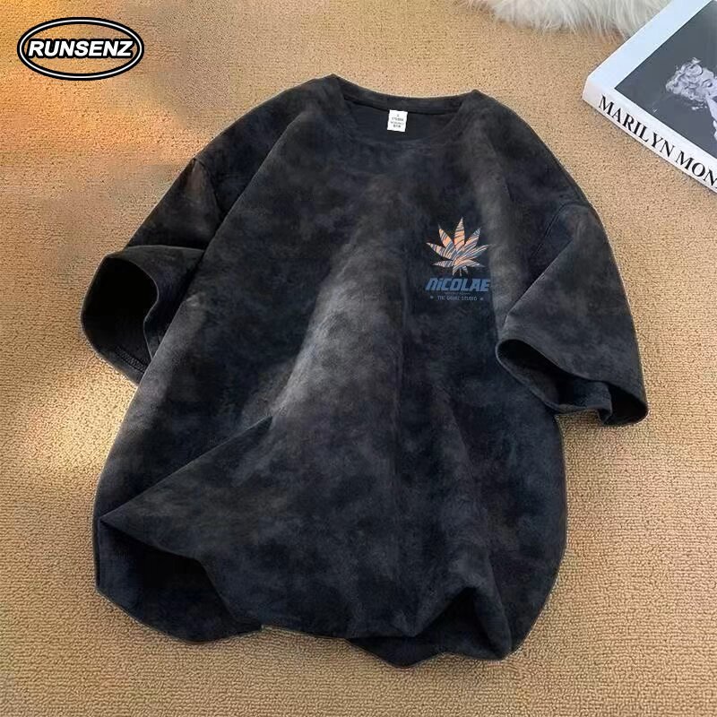 M ‐ 3XL Hàn Quốc Tie Dye Leaf Print Oversize Áo thun nam Plus Size Washed tay ngắn