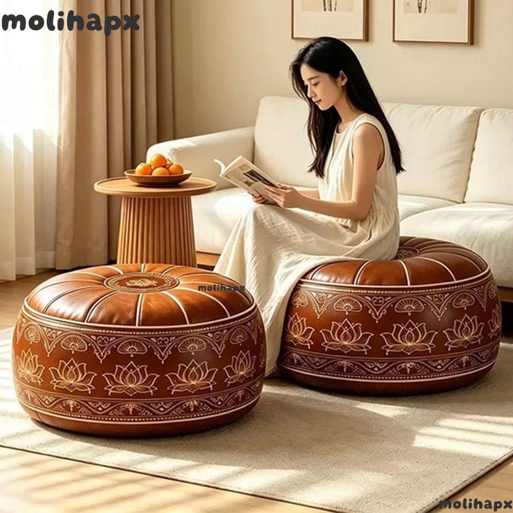 MOLIH Storage Ottoman, Hình Tròn Phong Cách Ma-rốc Có Thể Lấp Đầy Ottoman Pouf, Da PU Họa Tiết Thêu 