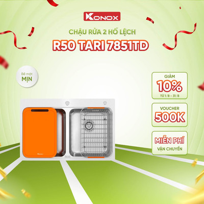 Chậu rửa bát inox 2 hố cân Konox R50 Tari 7851TD phong cách Nhật bề mặt MỊN - Bảo hành 10 năm