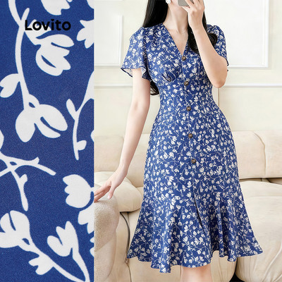 Đầm Lovito boho có nút phía trước khóa kéo mùa xuân/hè màu xanh dương cho nữ L183ED125