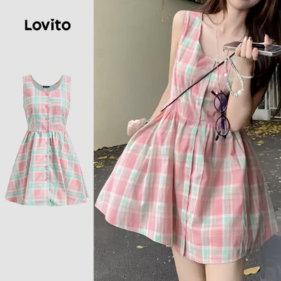 Đầm nữ Lovito Kỳ nghỉ nút rũ kẻ caro phong cách L133AD514