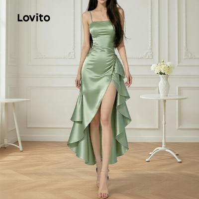 Lovito Váy Zipper Bất Đối Xứng Satin Dự Tiệc Cưới/Tốt Nghiệp/Phụ Dâu Xuân Hè Xanh Lá Nữ LK5ED473