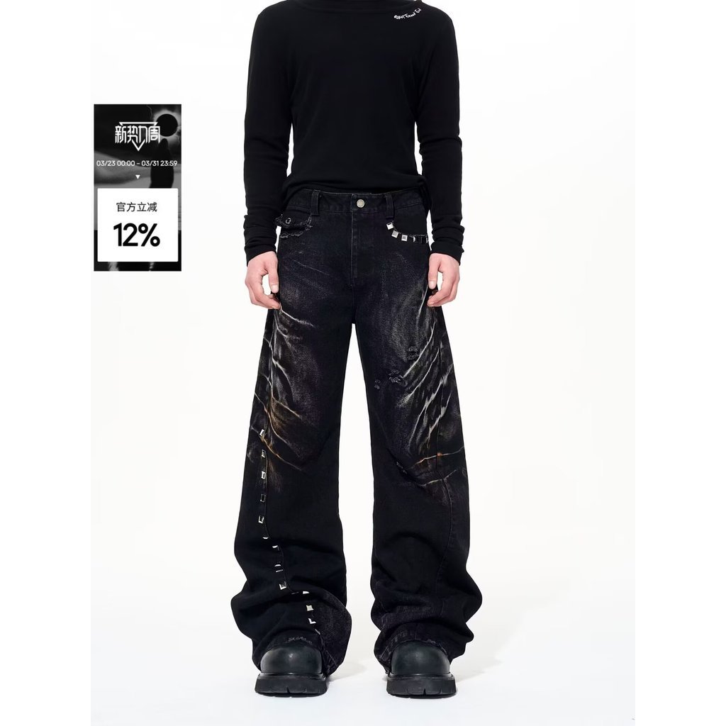 ArguE Heavy Niche Washed Distressed Structure Line Micro loe Jeans Dây Kéo Kim Loại Thiết Kế Quần