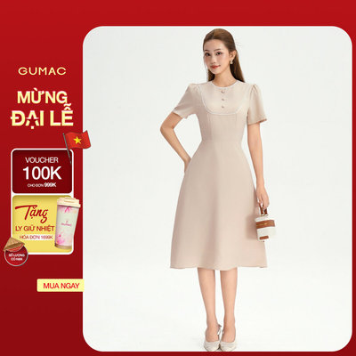 Đầm Dáng A Nữ GUMAC Váy Công Sở Tay Ngắn Phối Viền Ren Dáng Dài Qua Gối LDG0402