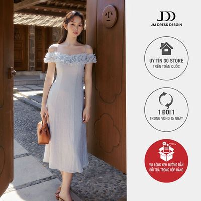 Đầm Xuân Hè Trễ Vai Nhún Bèo, Chân Đổ 1R05.2603, Đầm Dài Mid-Caft Dáng Slimfit Nhẹ Phong Cách Thanh Lịch Nữ Tính By JM
