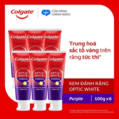 Bộ 6 Kem Đánh Răng Colgate trắng răng Optic White Purple 100g công nghệ sắc tím, trung hòa ố vàng tức thì