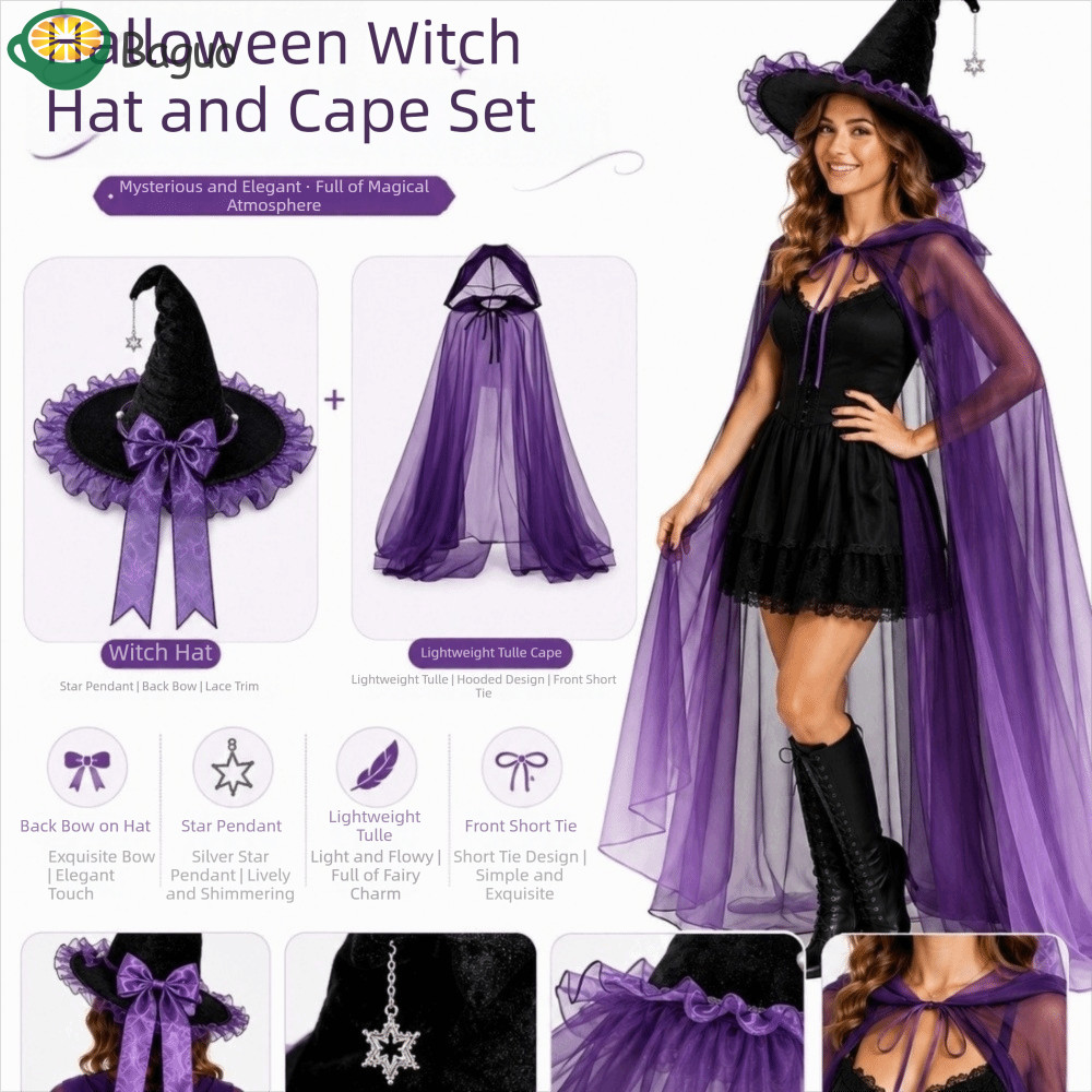BGUO Mũ Phù Thủy Có Mũ Trùm Đầu Áo Khoác, Lưới Có Mũ Satin Nơ Halloween Mũ Phù Thủy Bộ Áo Khoác, Đạo