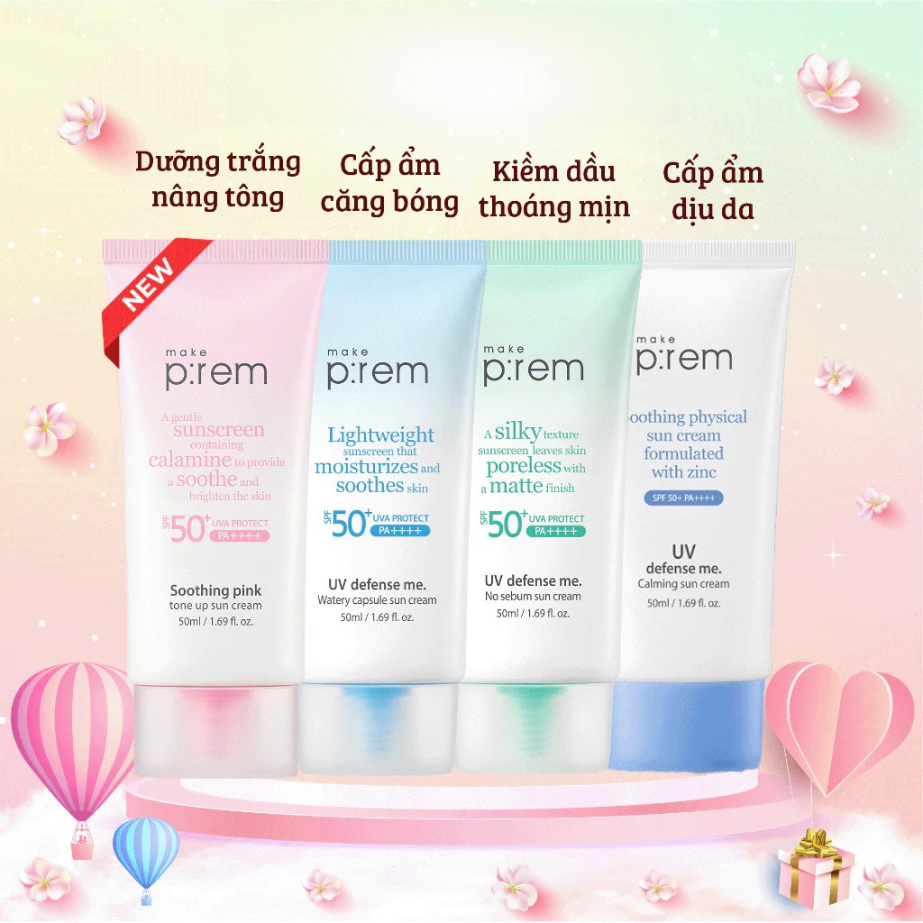 Make Prem Kem Chống Nắng Vật Lý Cải Tiến Mới Soothing Pink Tone Up Sun Cream Nâng Tone Hồng Rạng Rỡ 