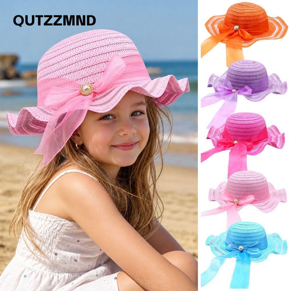 QUTZZMND Mũ Rơm, Vành Rộng Hoa Trang Trí Mũ Chống Nắng, Ngọt Ngào Handmade 3-7Year Tấm Che Nắng Du L