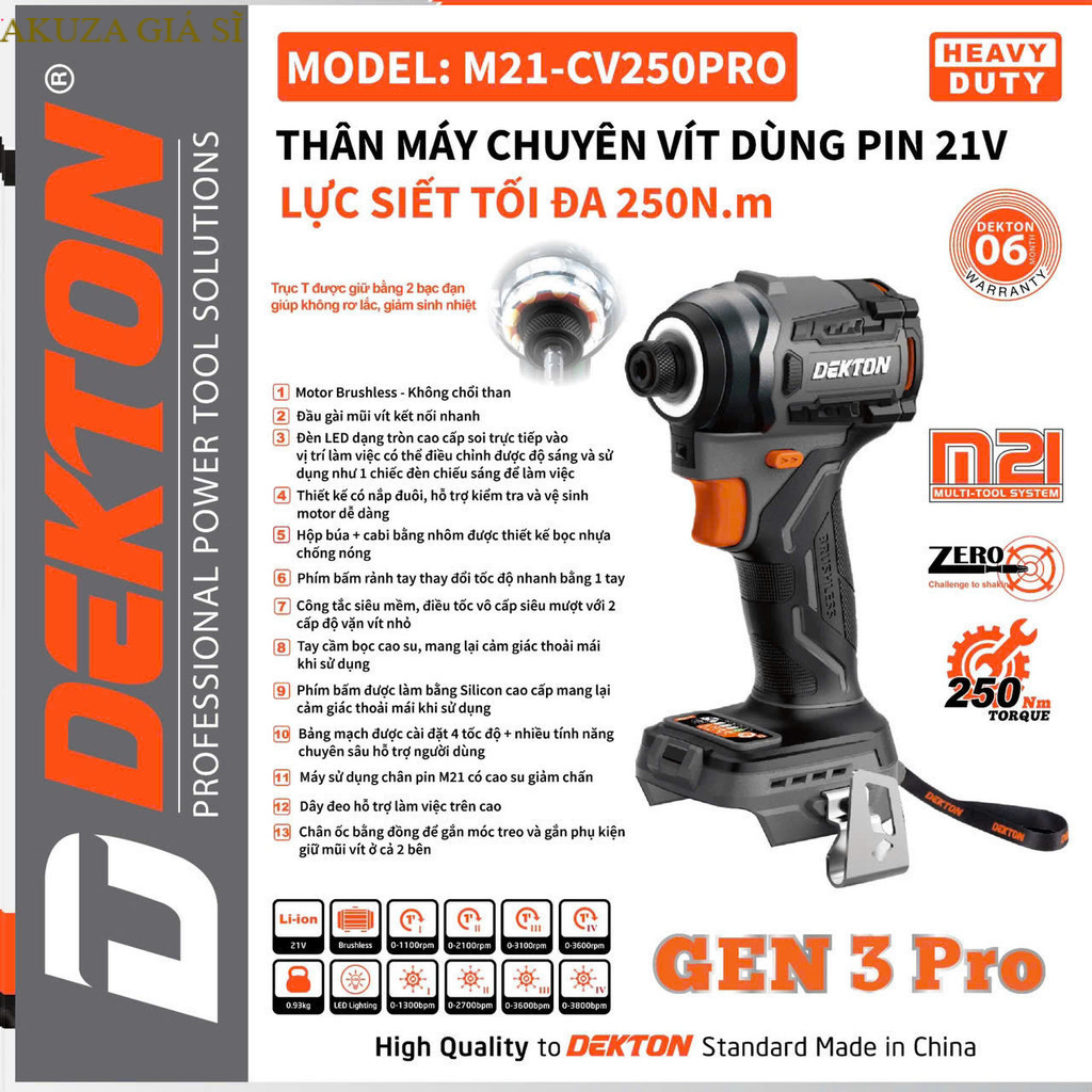 Chuyên Vít 250Nm GEN 3 DEKTON M21-CV250PRO ( Thân máy  ) AKUZA GIÁ SĨ