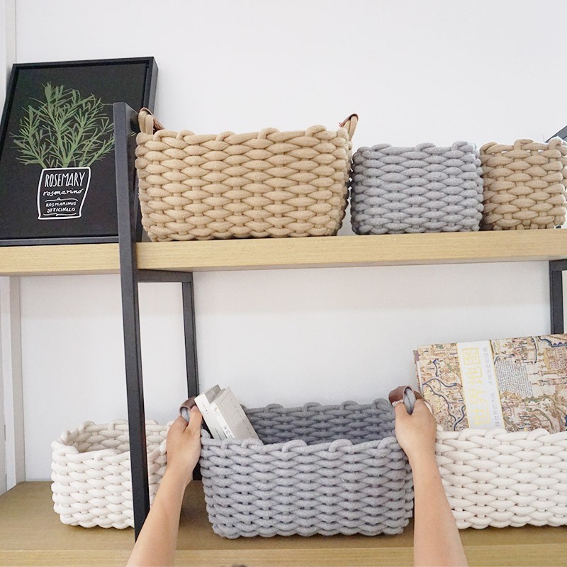 Rectangular Hand-woven Cotton Rope Storage Basket Large Toy Storage Basket Underwear Storage Basket 