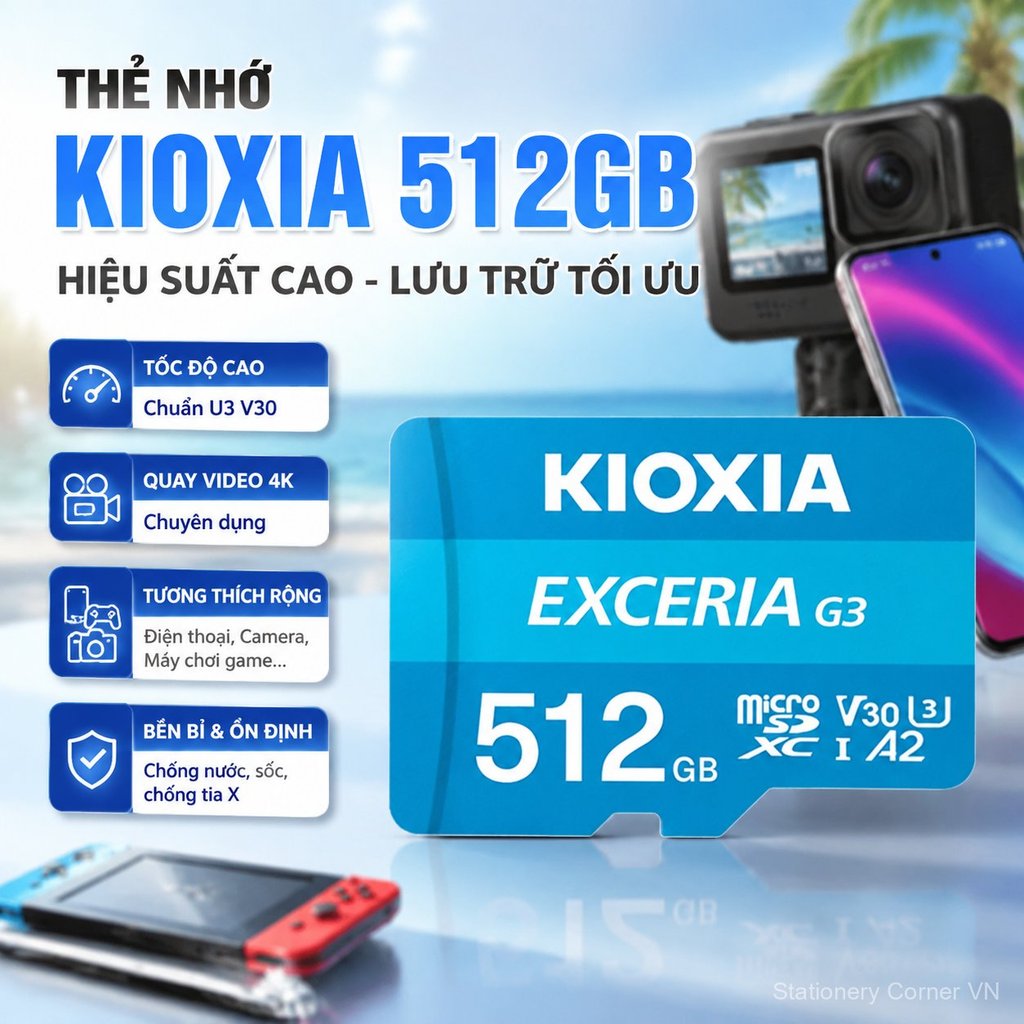 Thẻ nhớ Kioxia TF 512GB U3 V30 tốc độ cao cho game 4K camera hành trình, bền bỉ giao nhanh