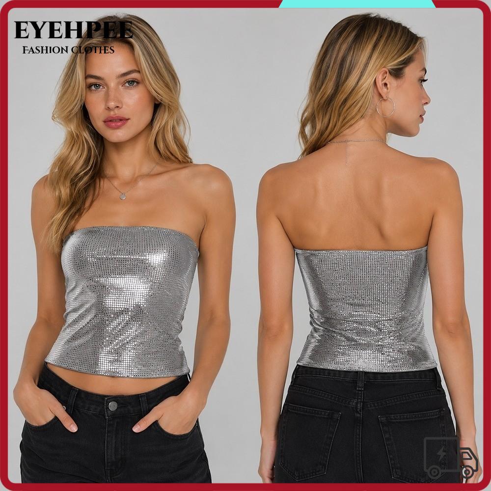 EYEHPEE Áo bình chứa sequin EYEHPEE, Áo ống sequin co giãn không lưng, thời trang cổ điển cắt sequin