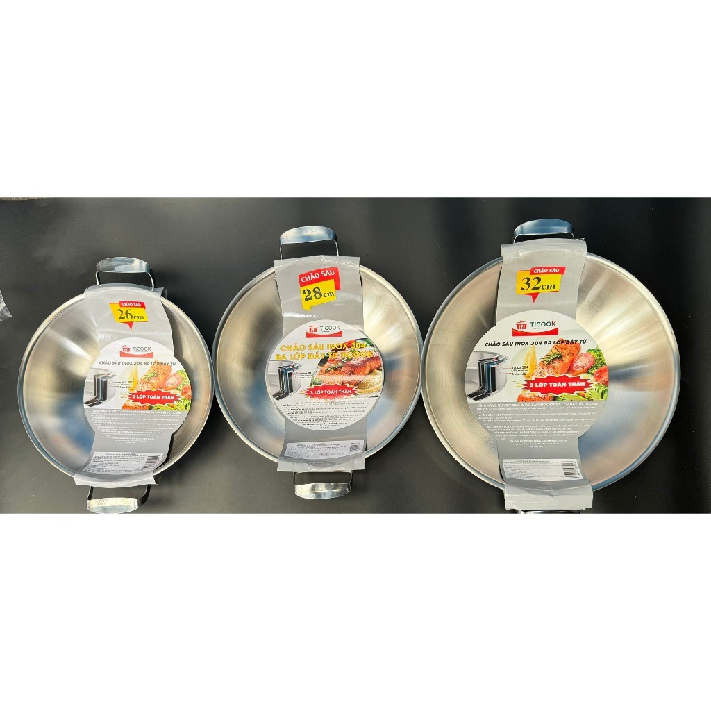 Chảo Sâu Lòng Inox 304 Ba Lớp Đáy Từ Ticook, Chảo 2 Quai Siêu Bền An Toàn Sức Khỏe, 26-28-32cm