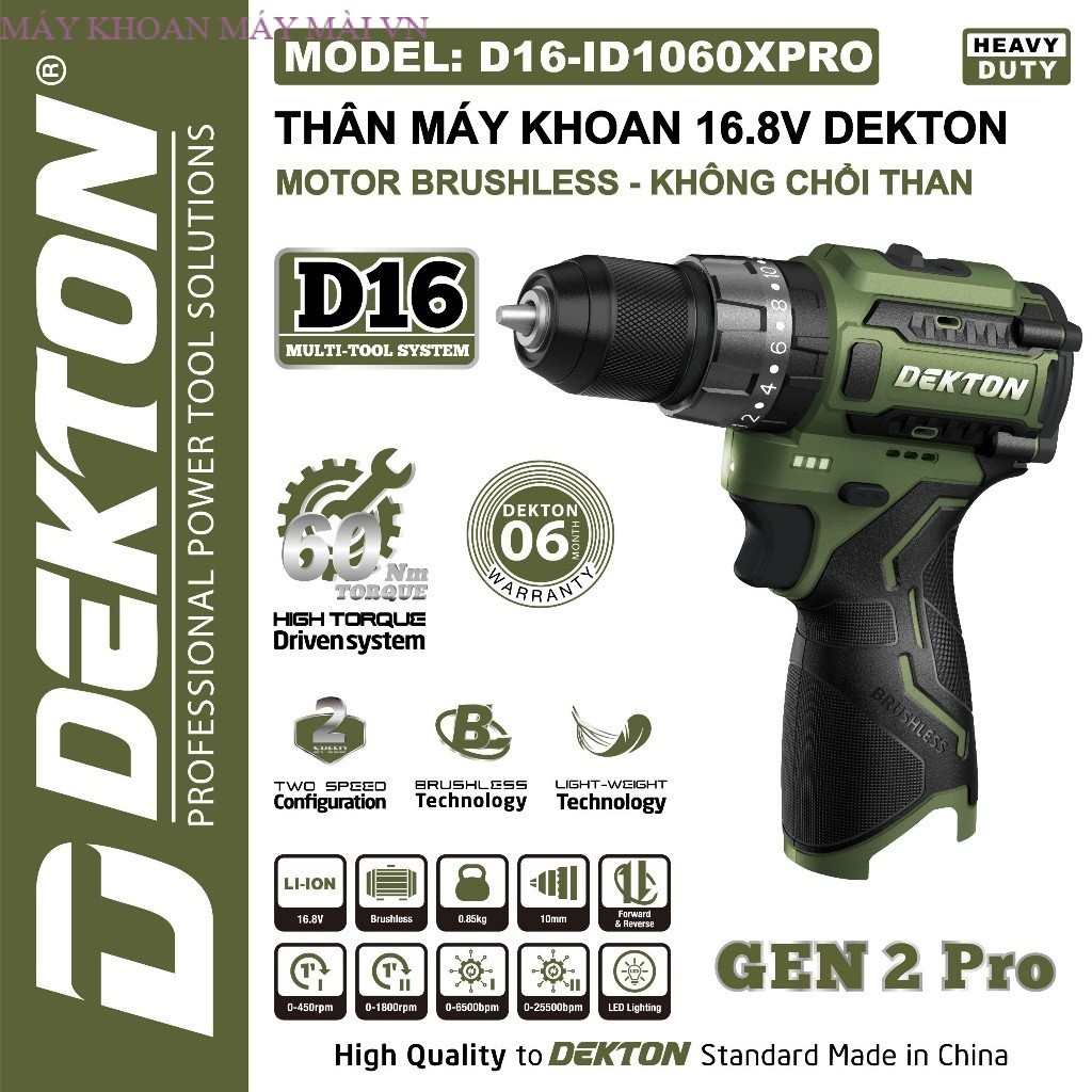 Máy khoan pin DEKTON Gen 2 Pro D16-ID1060XPRO, Không chổi than 60Nm, 3 Chức năng MAYKHOANMAYMAIVN