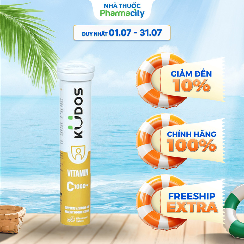 Viên sủi KUDOS Vitamin C 1000mg hương chanh bổ sung vitamin C cho cơ thể (Tuýp 20 viên)