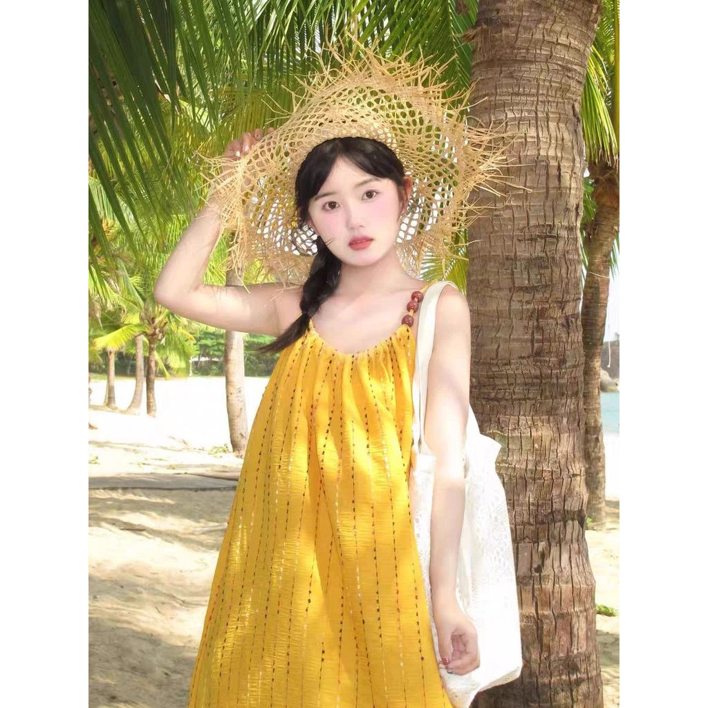 Seaside Beach sọc vàng Sling Dress Nữ Island Holiday Dress Loose Bohemian Dress