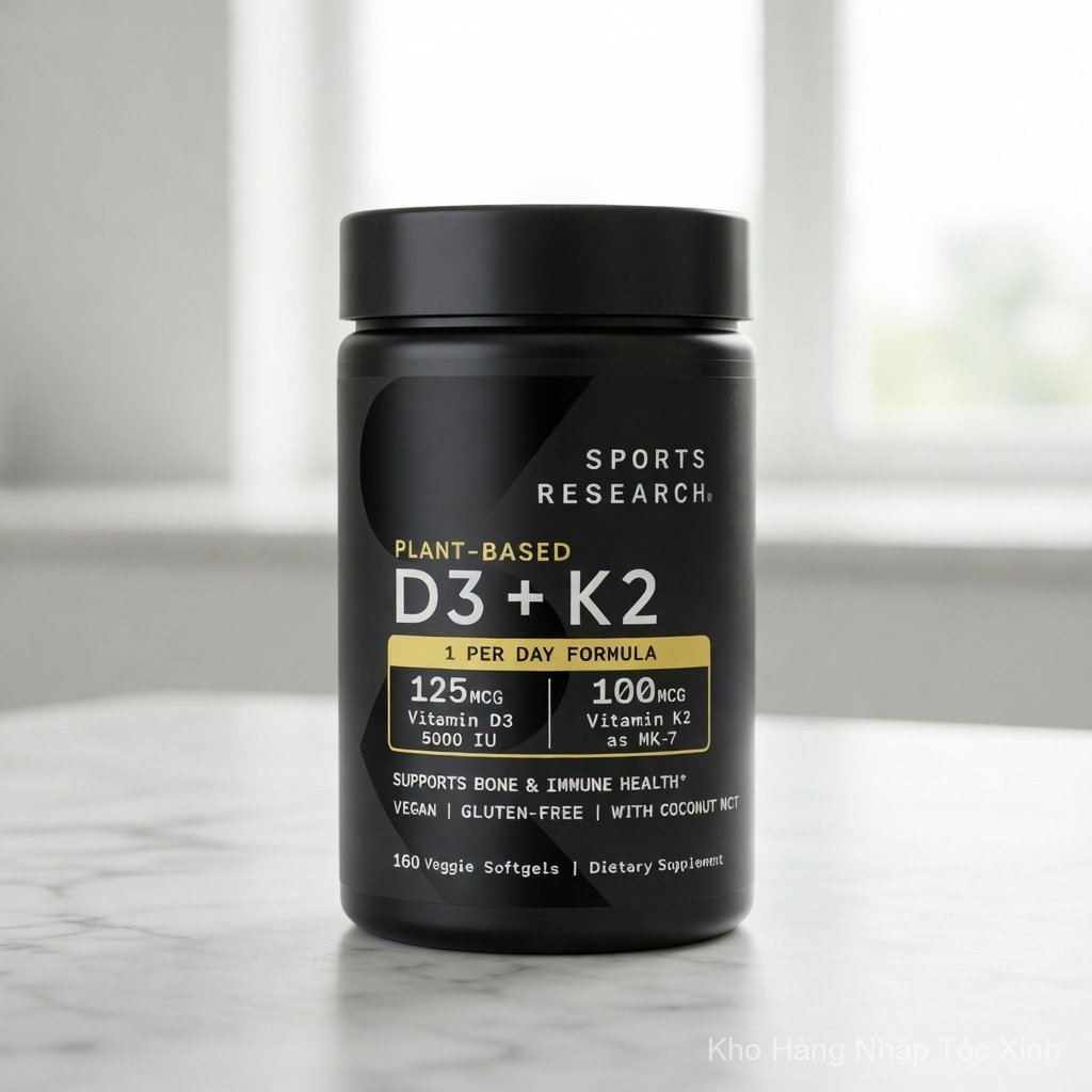 Vitamin D3 K2 MK7 Sports Research nguồn gốc thực vật 5000IU D3 100mcg K2 160 viên mềm thực vật củng 