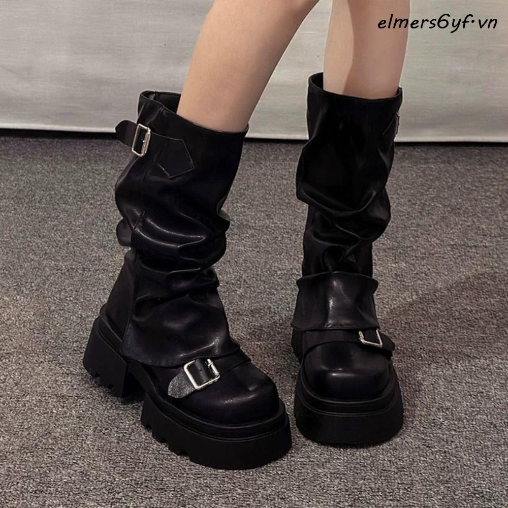Giày bốt cao đến đầu gối nữ ELMER, Giày bốt nữ có khóa thắt lưng Harajuku, Giày bốt nữ Biker thiết k
